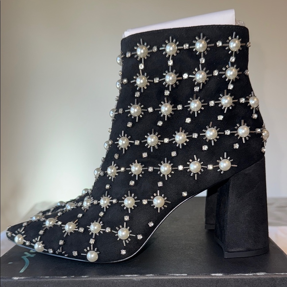 SOLD Betsey Johnson Black Heeled Boots with Pearl Embellishments
